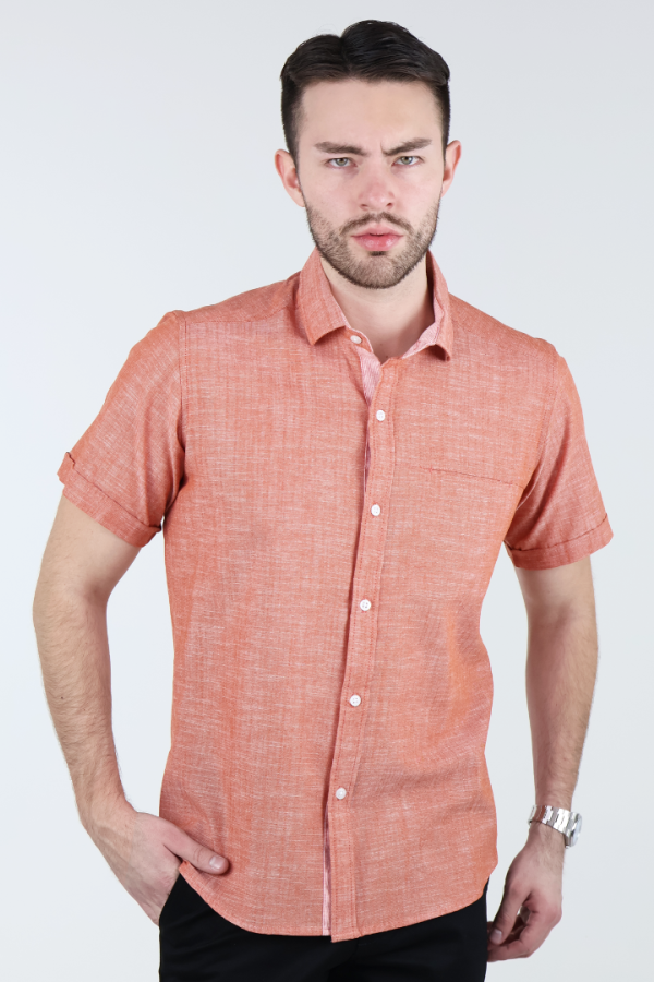 Camisa Con Bolsa Oculta Hombre Color Salmón Manga Corta Diseño Moderno